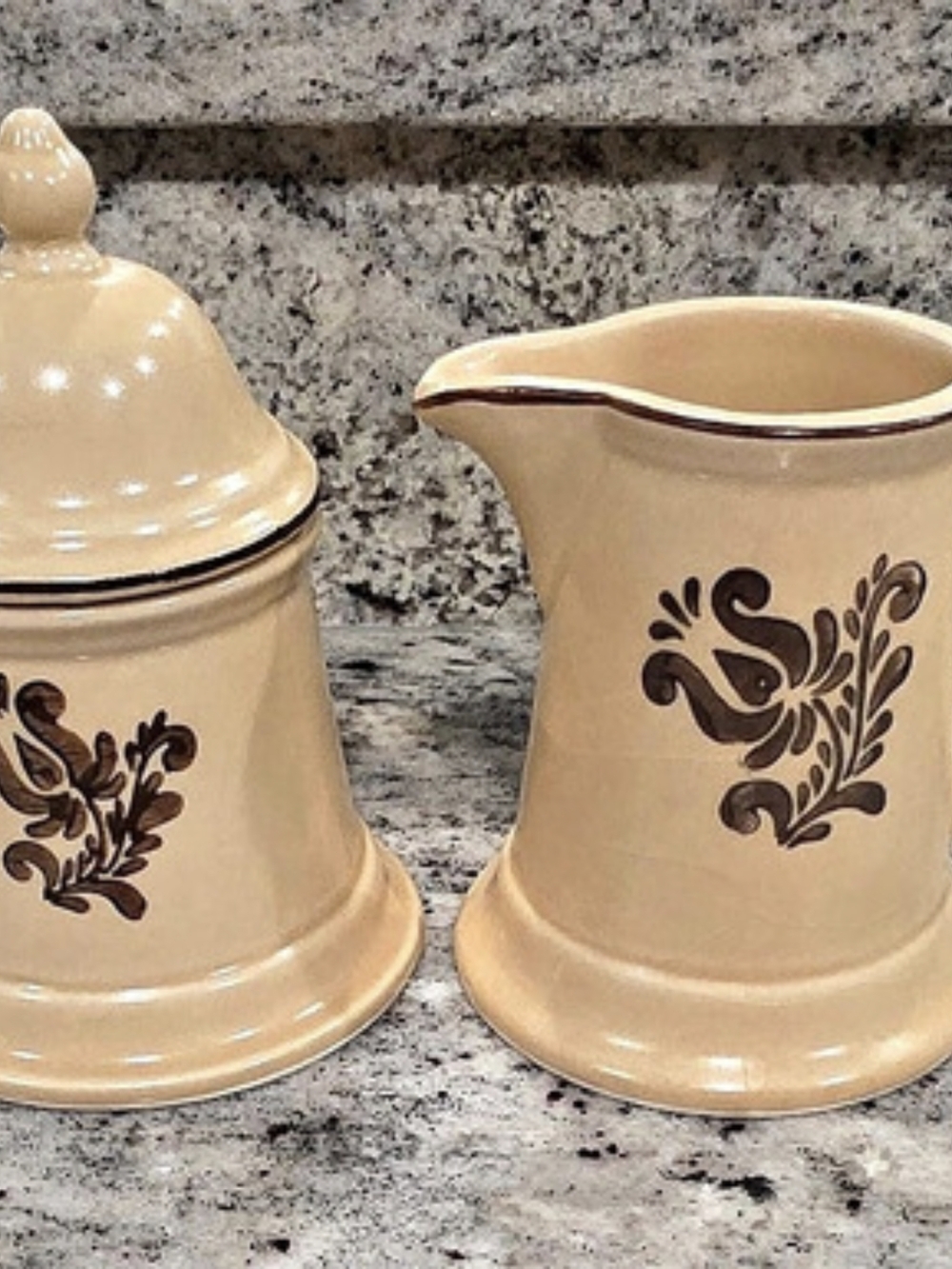 Pfaltzgraff Folk Art Sugar Bowl and Creamer Set Brown & Cream